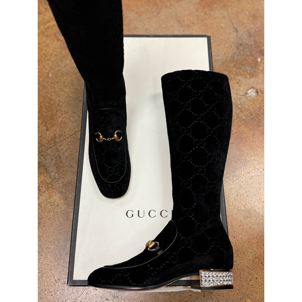 GUCCI Black Velvet Monogram Horsebit Malaga Knee-High Crystal Boots 38 1/2 NEW!